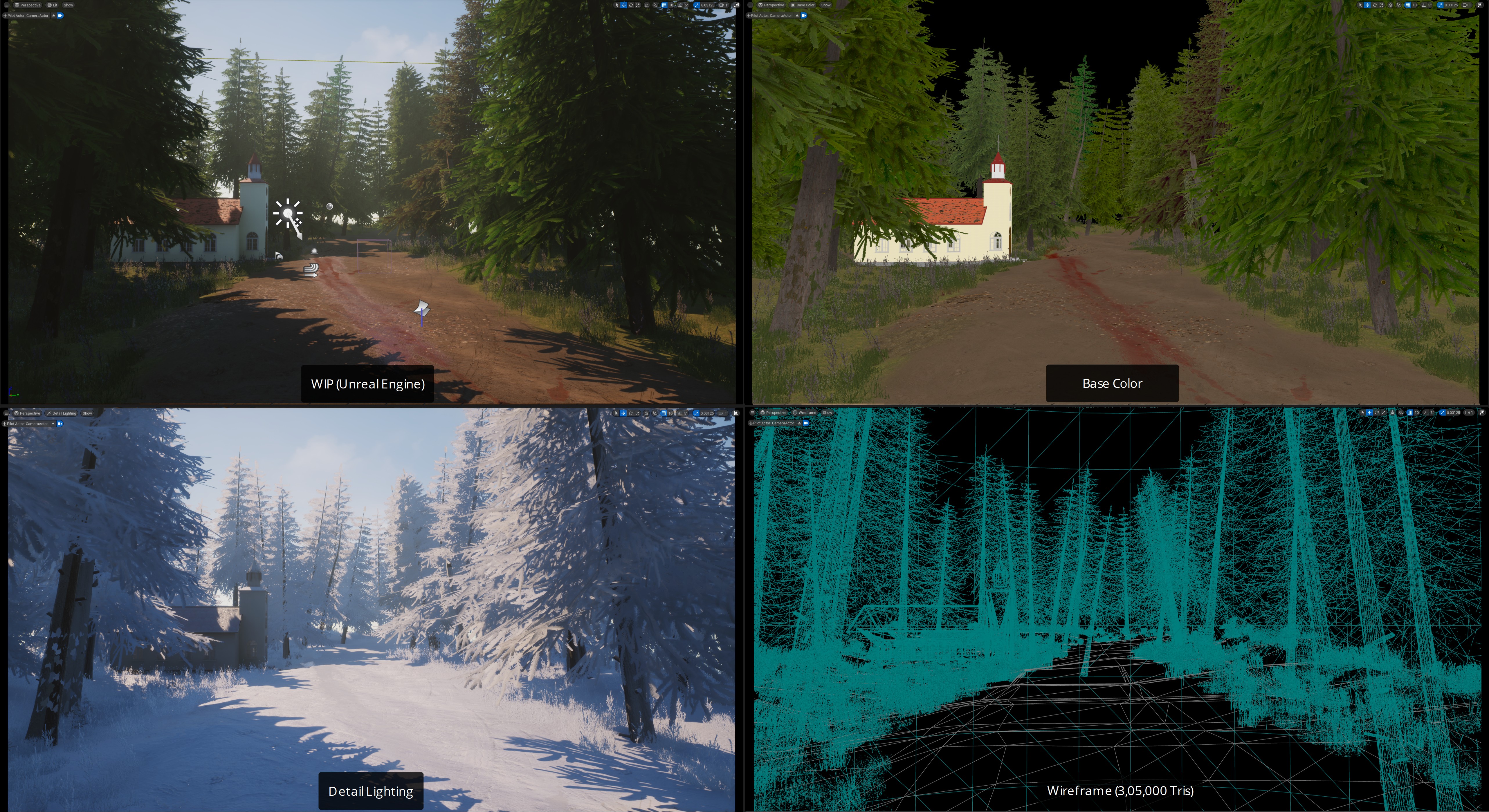 Four render passes of Mysterious Church showing WIP, Base Color, Detail Lighting, and Wireframe at 305,000 triangles.